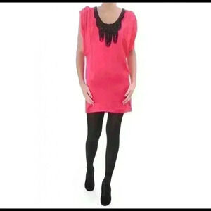 Ted Baker EMMAT Pink 100% Silk Top Dress Black Beaded Neckline